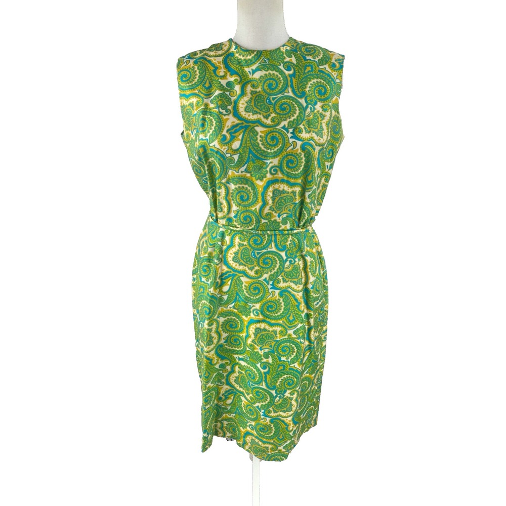 Avalon Pure Silk Vtg 60s Psychedelic AOP Paisley Hippie Boho Midi‎ Sheath Dress